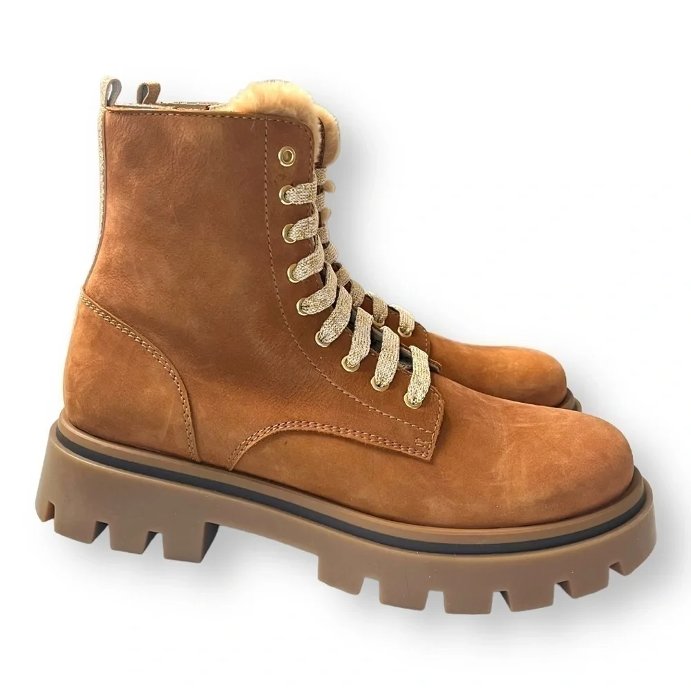 Beberlis Cognac Brown Suede Shearling Lace Up Combat Boots w/ Lug Soles NEW